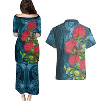 New Zealand Matariki Piwakawaka Couples Matching Puletasi and Hawaiian Shirt Maori Koru With Pohutukawa Flowers