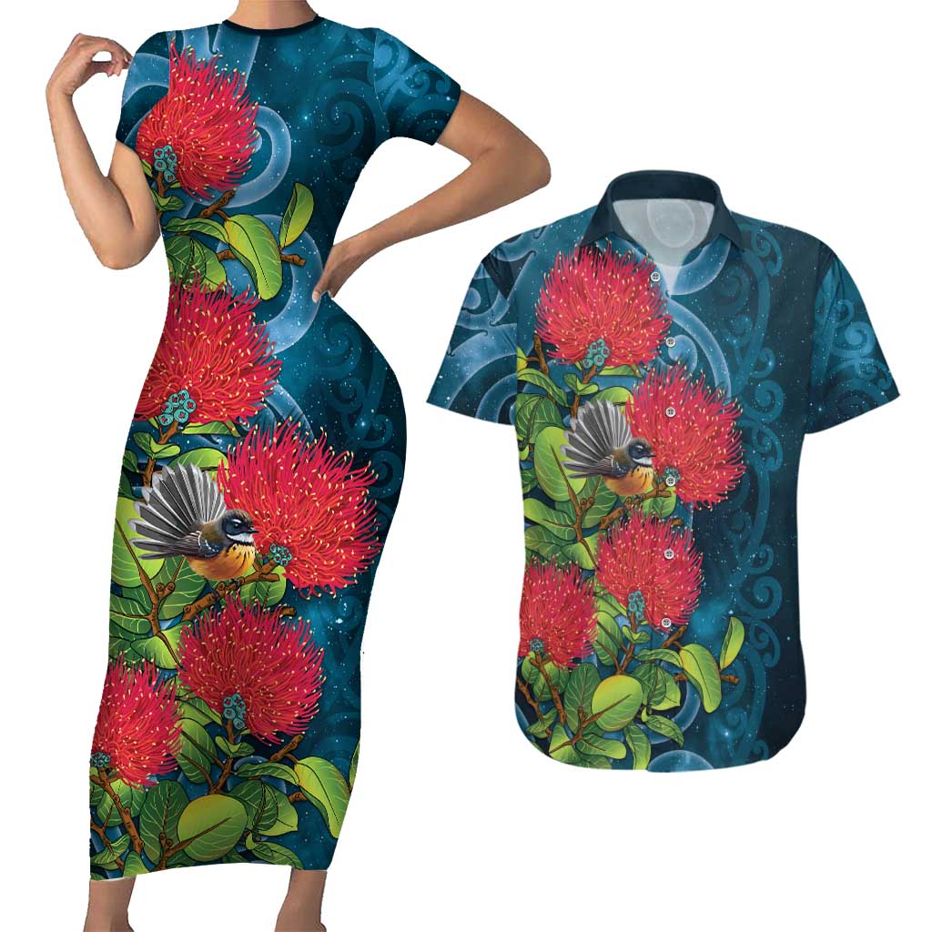 New Zealand Matariki Piwakawaka Couples Matching Short Sleeve Bodycon Dress and Hawaiian Shirt Maori Koru With Pohutukawa Flowers
