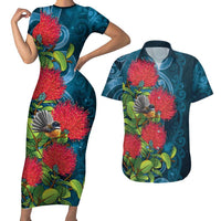 New Zealand Matariki Piwakawaka Couples Matching Short Sleeve Bodycon Dress and Hawaiian Shirt Maori Koru With Pohutukawa Flowers