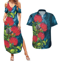 New Zealand Matariki Piwakawaka Couples Matching Summer Maxi Dress and Hawaiian Shirt Maori Koru With Pohutukawa Flowers