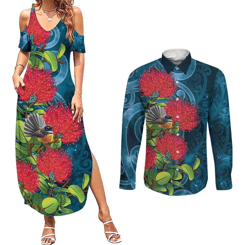 New Zealand Matariki Piwakawaka Couples Matching Summer Maxi Dress and Long Sleeve Button Shirt Maori Koru With Pohutukawa Flowers