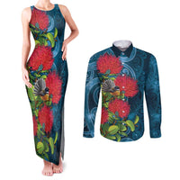 New Zealand Matariki Piwakawaka Couples Matching Tank Maxi Dress and Long Sleeve Button Shirt Maori Koru With Pohutukawa Flowers