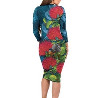 New Zealand Matariki Piwakawaka Family Matching Long Sleeve Bodycon Dress and Hawaiian Shirt Maori Koru With Pohutukawa Flowers