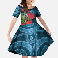 New Zealand Matariki Piwakawaka Family Matching Off The Shoulder Long Sleeve Dress and Hawaiian Shirt Maori Koru With Pohutukawa Flowers