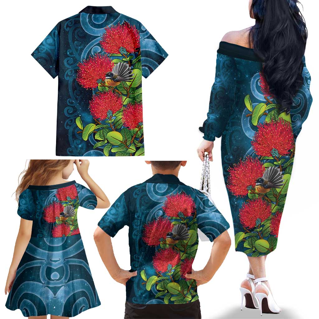New Zealand Matariki Piwakawaka Family Matching Off The Shoulder Long Sleeve Dress and Hawaiian Shirt Maori Koru With Pohutukawa Flowers