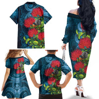 New Zealand Matariki Piwakawaka Family Matching Off The Shoulder Long Sleeve Dress and Hawaiian Shirt Maori Koru With Pohutukawa Flowers