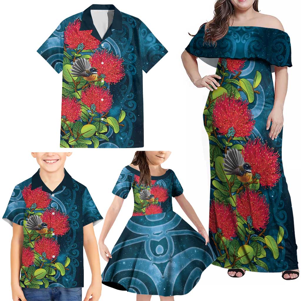 New Zealand Matariki Piwakawaka Family Matching Off Shoulder Maxi Dress and Hawaiian Shirt Maori Koru With Pohutukawa Flowers