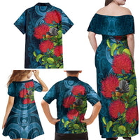 New Zealand Matariki Piwakawaka Family Matching Off Shoulder Maxi Dress and Hawaiian Shirt Maori Koru With Pohutukawa Flowers