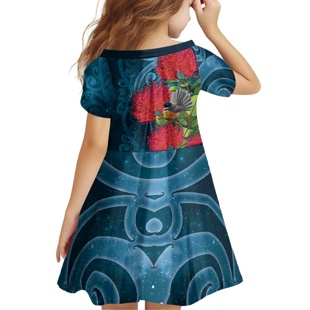 New Zealand Matariki Piwakawaka Family Matching Off Shoulder Short Dress and Hawaiian Shirt Maori Koru With Pohutukawa Flowers