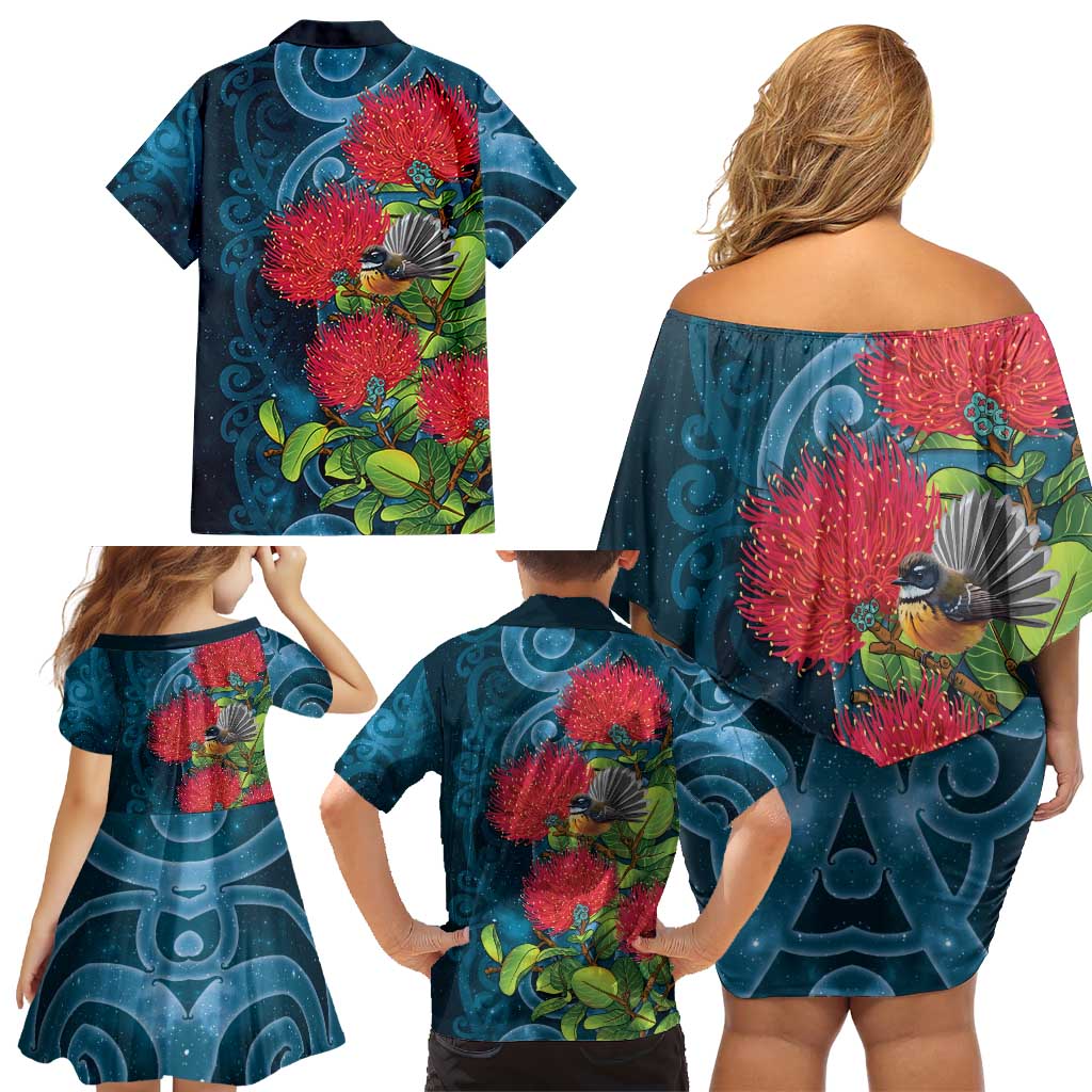 New Zealand Matariki Piwakawaka Family Matching Off Shoulder Short Dress and Hawaiian Shirt Maori Koru With Pohutukawa Flowers