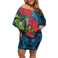 New Zealand Matariki Piwakawaka Family Matching Off Shoulder Short Dress and Hawaiian Shirt Maori Koru With Pohutukawa Flowers