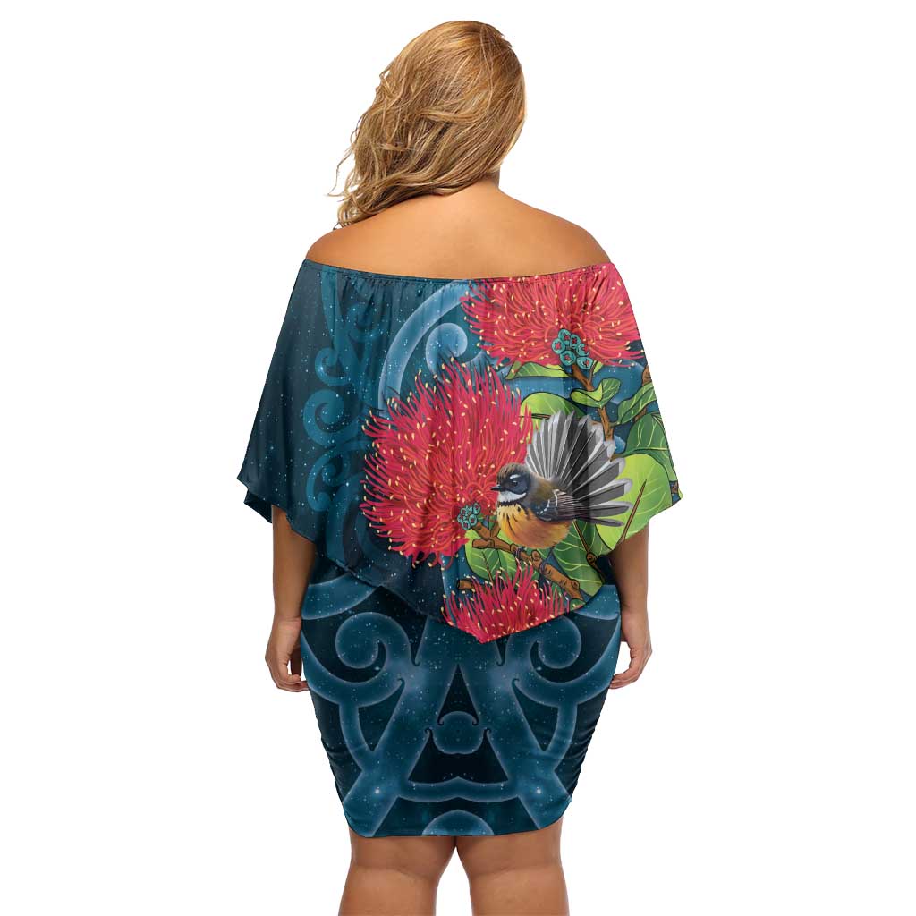 New Zealand Matariki Piwakawaka Family Matching Off Shoulder Short Dress and Hawaiian Shirt Maori Koru With Pohutukawa Flowers