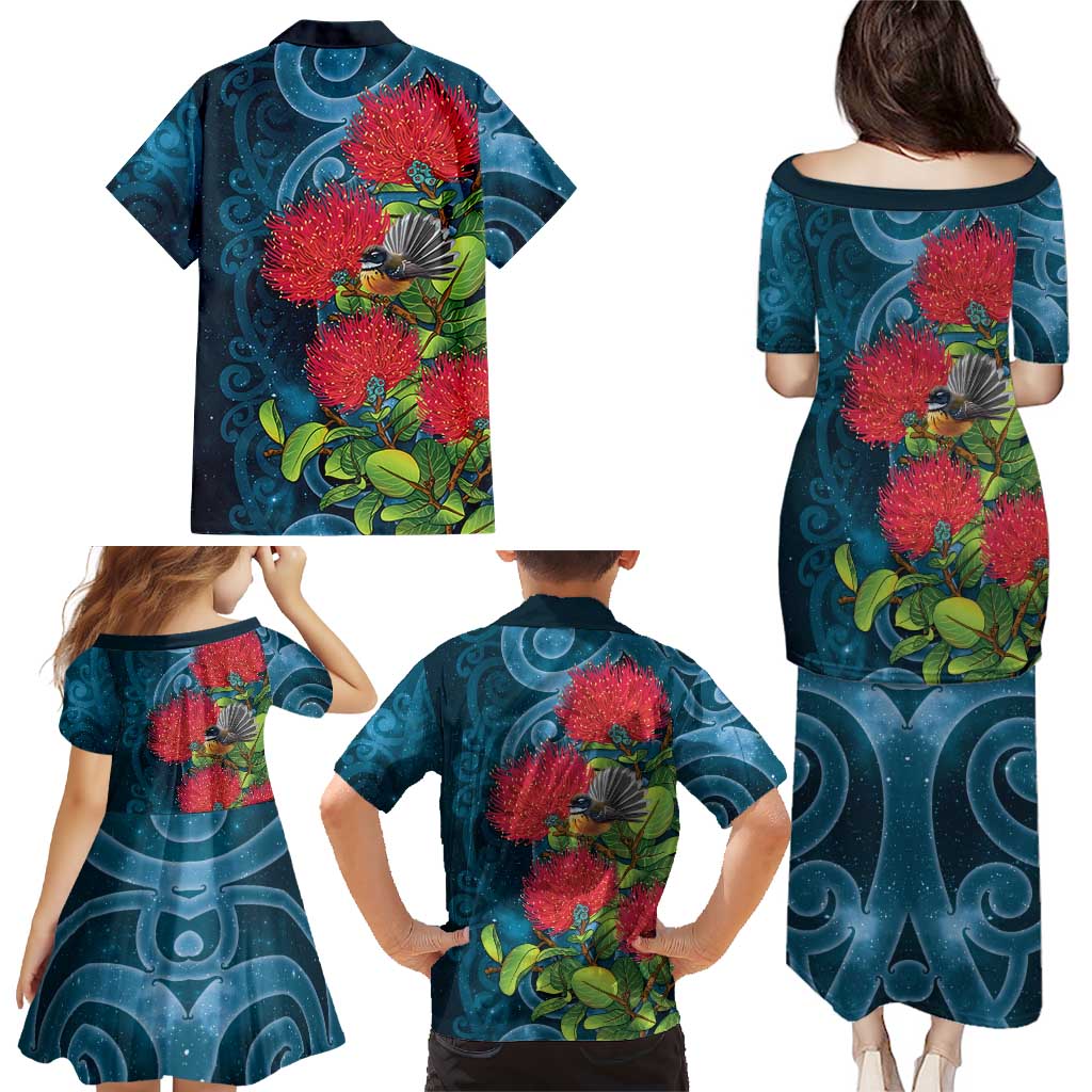 New Zealand Matariki Piwakawaka Family Matching Puletasi and Hawaiian Shirt Maori Koru With Pohutukawa Flowers