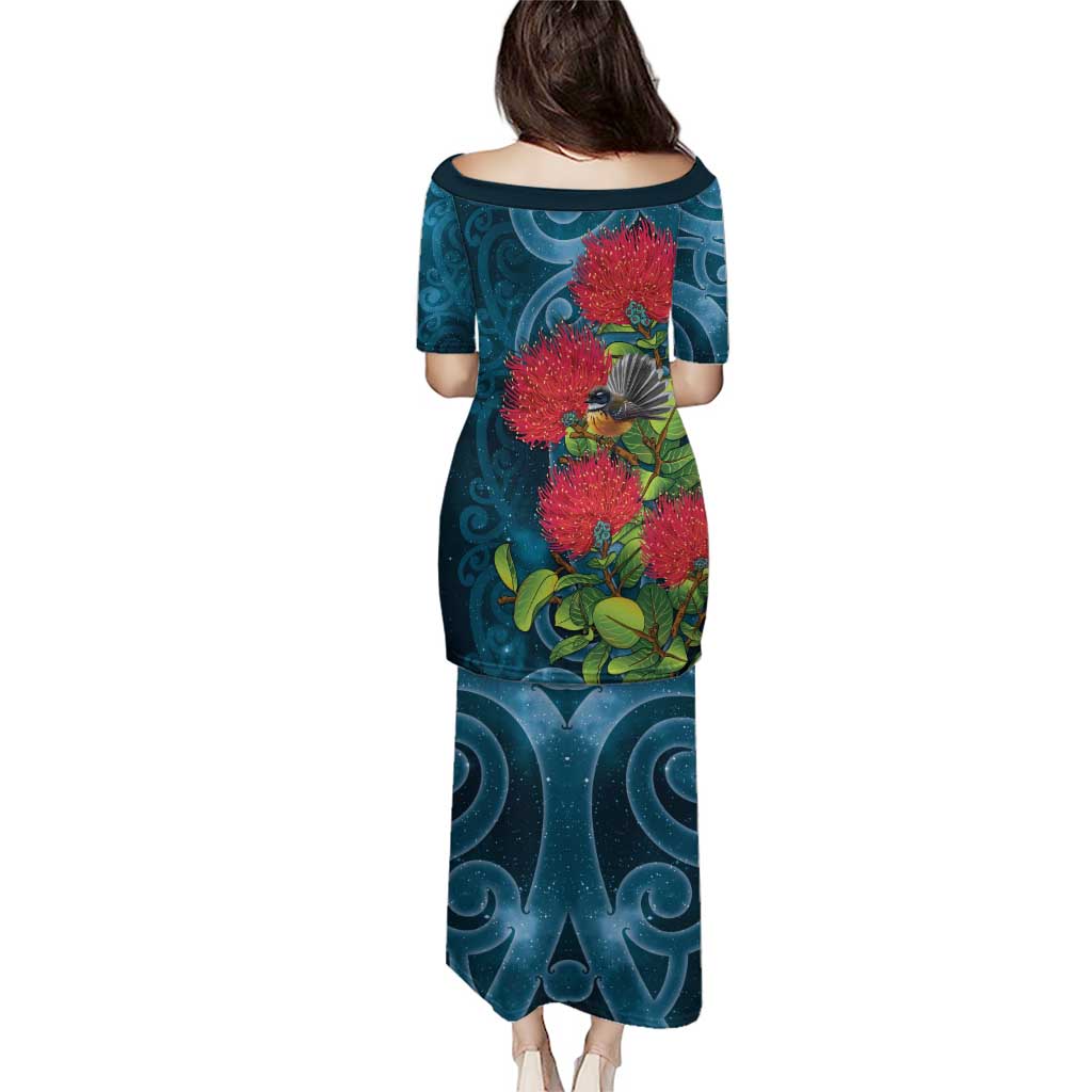 New Zealand Matariki Piwakawaka Family Matching Puletasi and Hawaiian Shirt Maori Koru With Pohutukawa Flowers