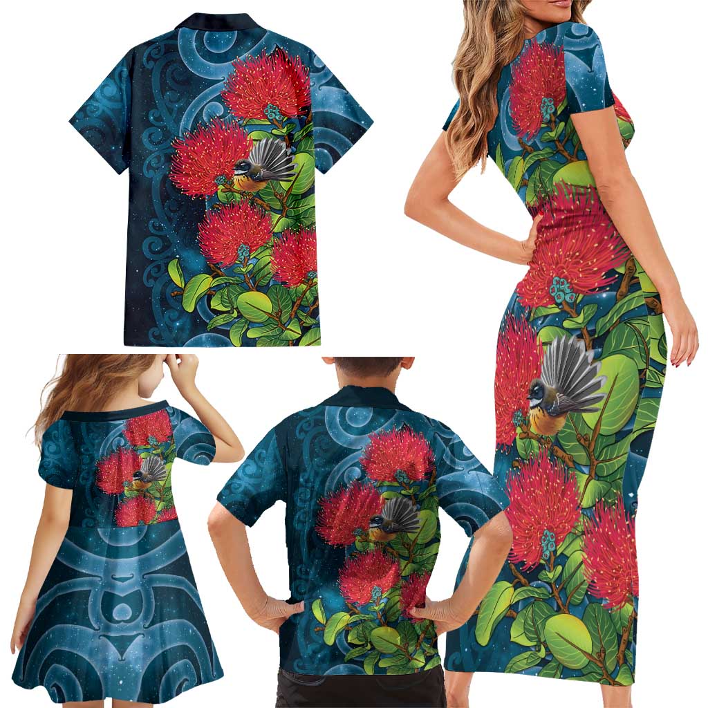 New Zealand Matariki Piwakawaka Family Matching Short Sleeve Bodycon Dress and Hawaiian Shirt Maori Koru With Pohutukawa Flowers