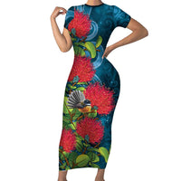 New Zealand Matariki Piwakawaka Family Matching Short Sleeve Bodycon Dress and Hawaiian Shirt Maori Koru With Pohutukawa Flowers
