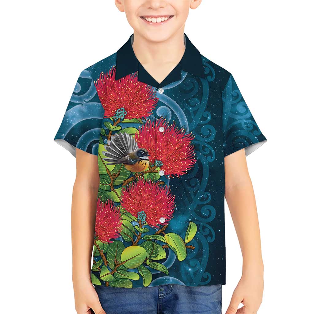 New Zealand Matariki Piwakawaka Family Matching Short Sleeve Bodycon Dress and Hawaiian Shirt Maori Koru With Pohutukawa Flowers
