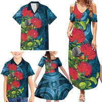 New Zealand Matariki Piwakawaka Family Matching Summer Maxi Dress and Hawaiian Shirt Maori Koru With Pohutukawa Flowers