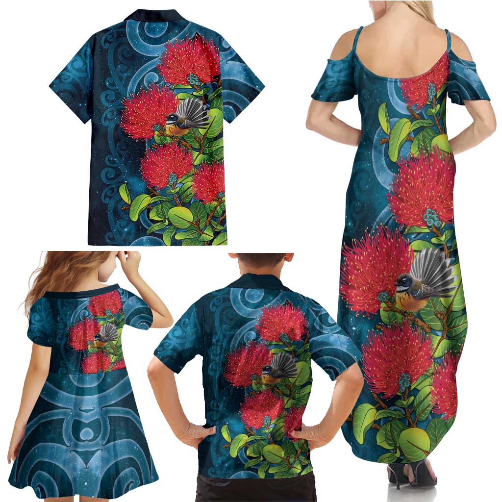 New Zealand Matariki Piwakawaka Family Matching Summer Maxi Dress and Hawaiian Shirt Maori Koru With Pohutukawa Flowers