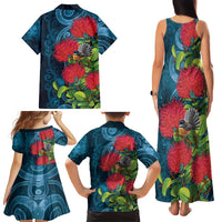 New Zealand Matariki Piwakawaka Family Matching Tank Maxi Dress and Hawaiian Shirt Maori Koru With Pohutukawa Flowers