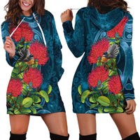 New Zealand Matariki Piwakawaka Hoodie Dress Maori Koru With Pohutukawa Flowers