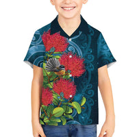 New Zealand Matariki Piwakawaka Kid Hawaiian Shirt Maori Koru With Pohutukawa Flowers