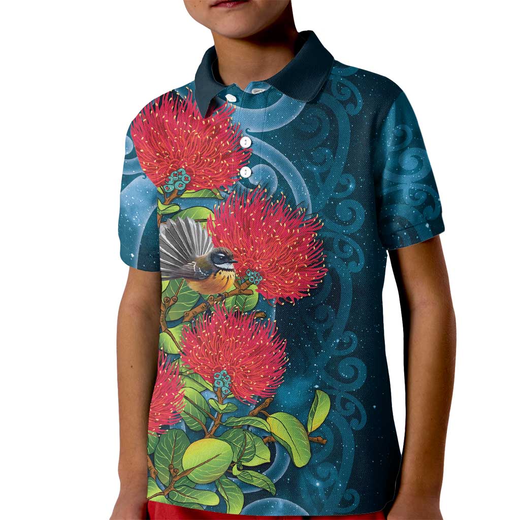 New Zealand Matariki Piwakawaka Kid Polo Shirt Maori Koru With Pohutukawa Flowers