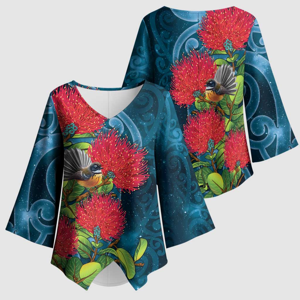 New Zealand Matariki Piwakawaka Kimono Sleeve Blouse Maori Koru With Pohutukawa Flowers