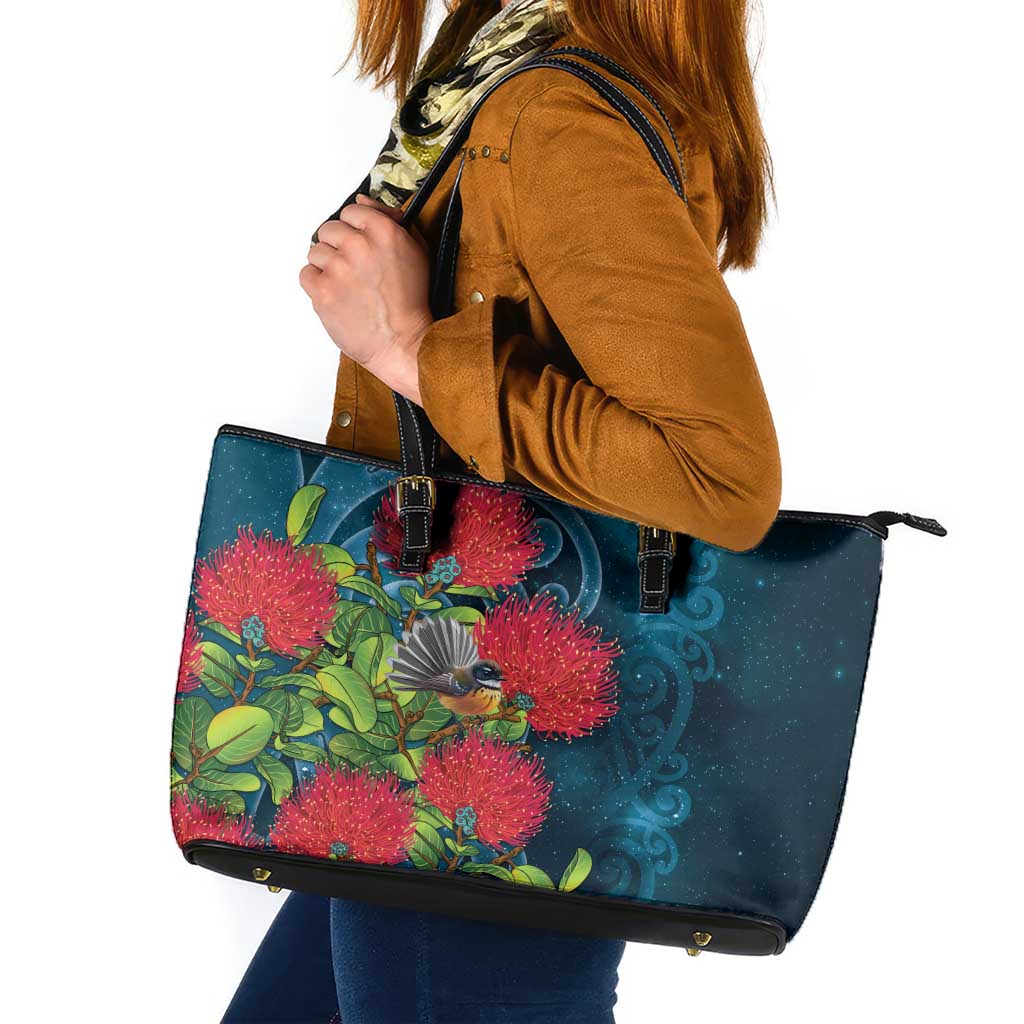 New Zealand Matariki Piwakawaka Leather Tote Bag Maori Koru With Pohutukawa Flowers