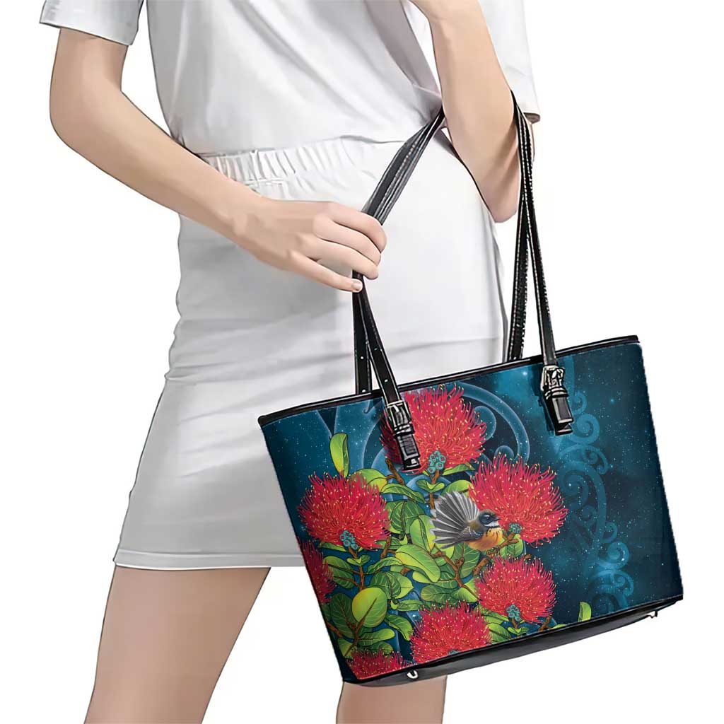 New Zealand Matariki Piwakawaka Leather Tote Bag Maori Koru With Pohutukawa Flowers