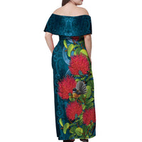 New Zealand Matariki Piwakawaka Off Shoulder Maxi Dress Maori Koru With Pohutukawa Flowers