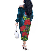 New Zealand Matariki Piwakawaka Off The Shoulder Long Sleeve Dress Maori Koru With Pohutukawa Flowers