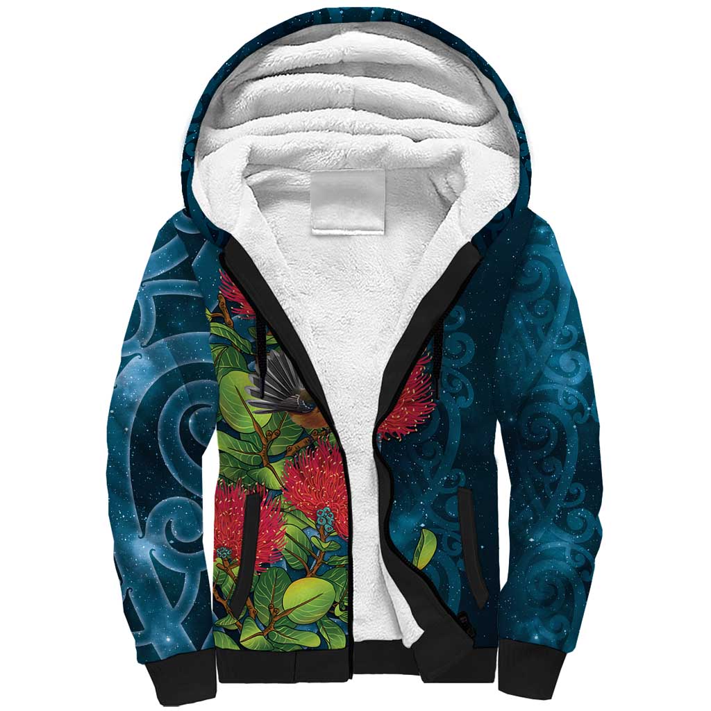 New Zealand Matariki Piwakawaka Sherpa Hoodie Maori Koru With Pohutukawa Flowers