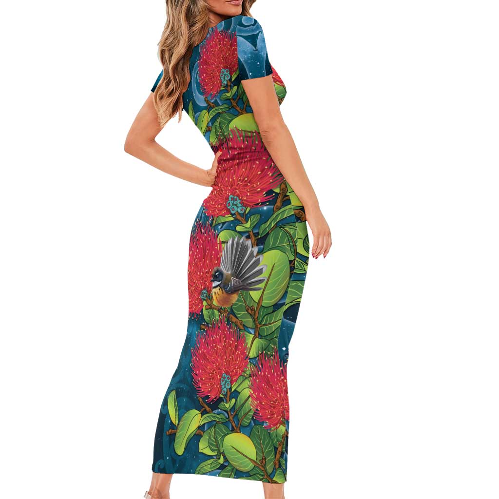 New Zealand Matariki Piwakawaka Short Sleeve Bodycon Dress Maori Koru With Pohutukawa Flowers