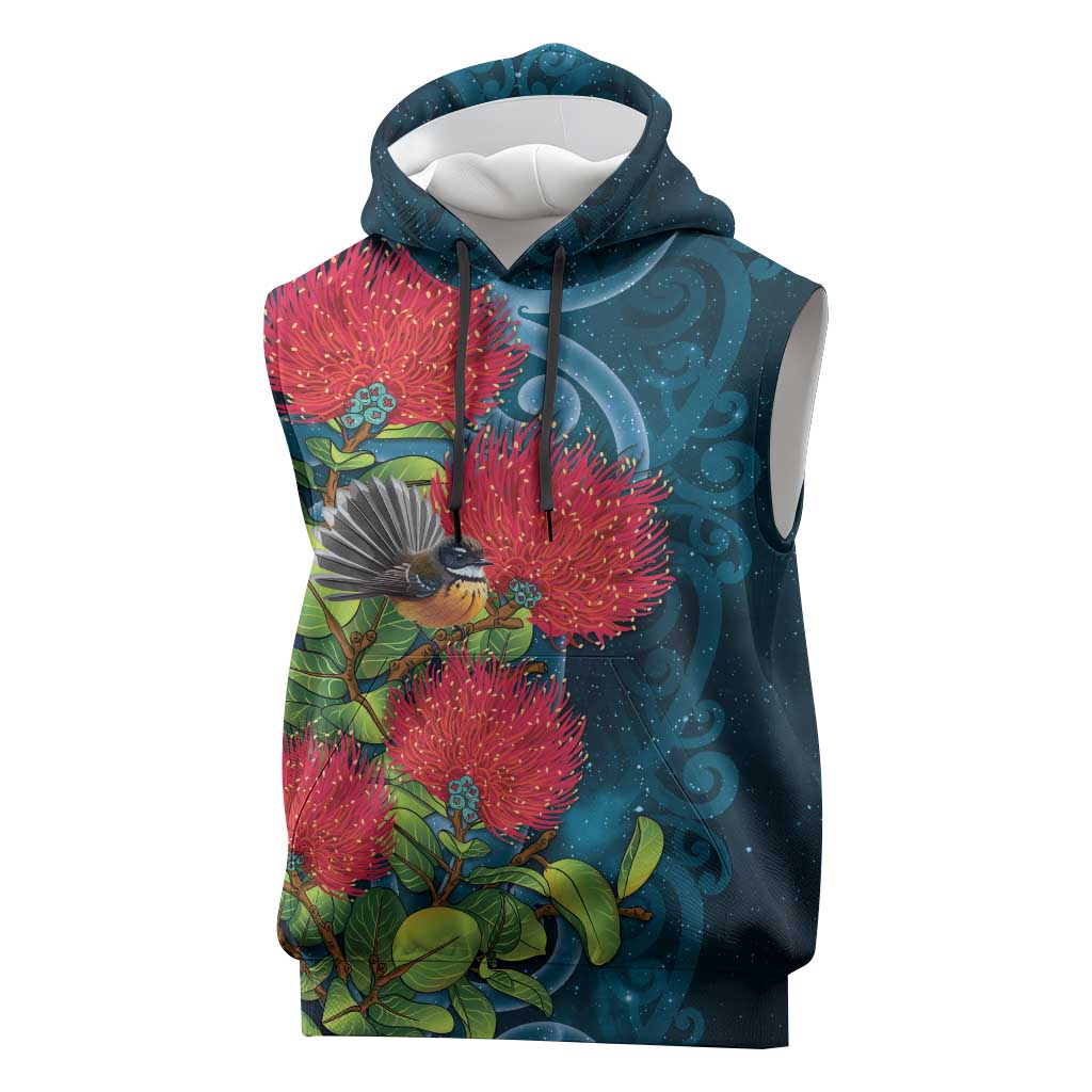 New Zealand Matariki Piwakawaka Sleeveless Hoodie Maori Koru With Pohutukawa Flowers