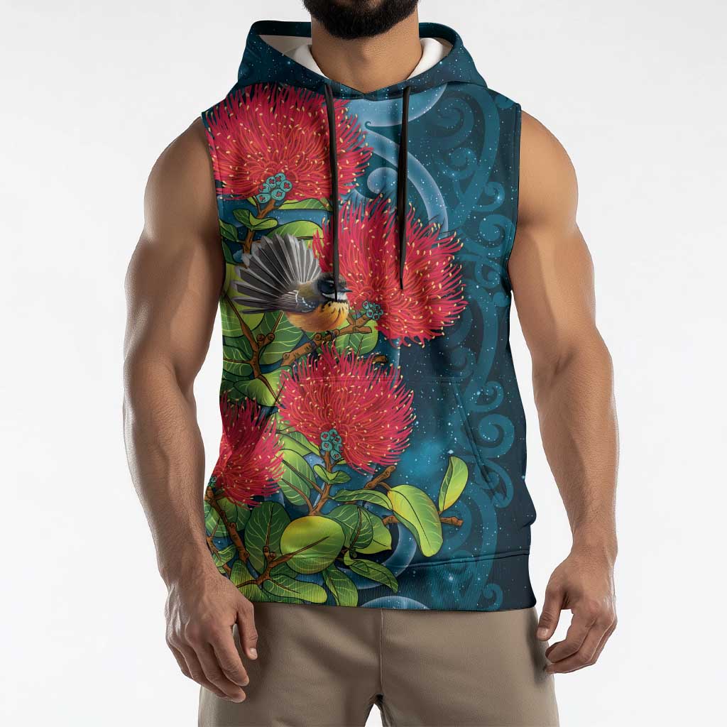 New Zealand Matariki Piwakawaka Sleeveless Hoodie Maori Koru With Pohutukawa Flowers