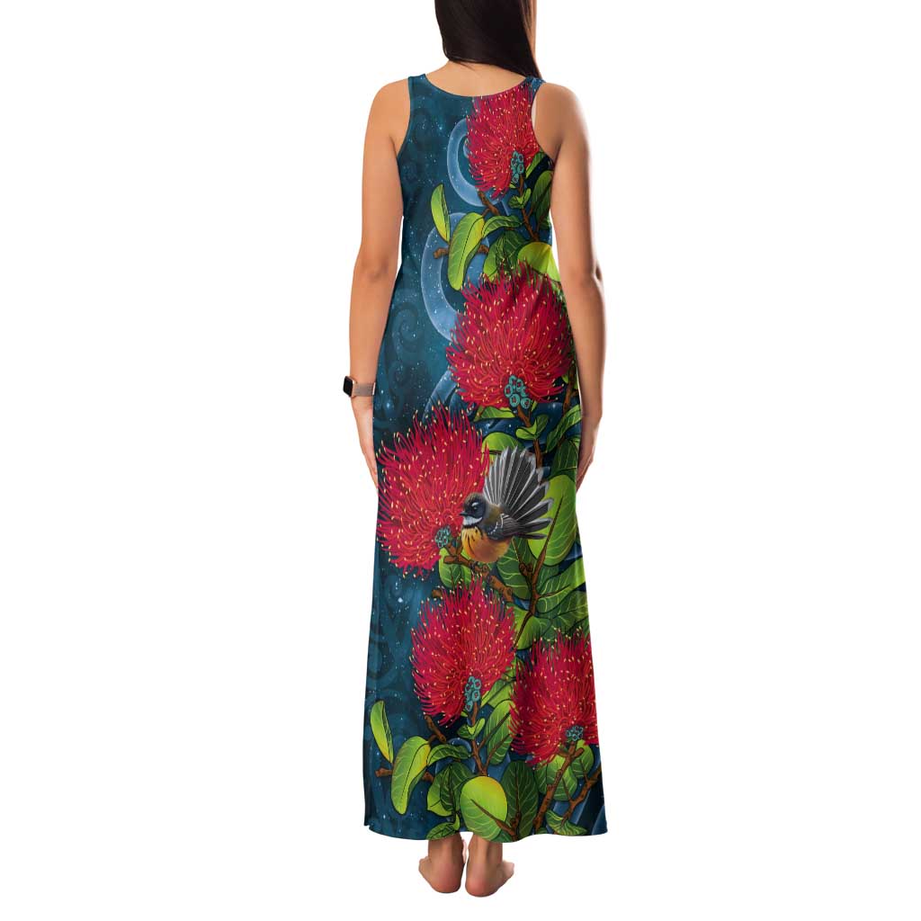 New Zealand Matariki Piwakawaka Tank Maxi Dress Maori Koru With Pohutukawa Flowers