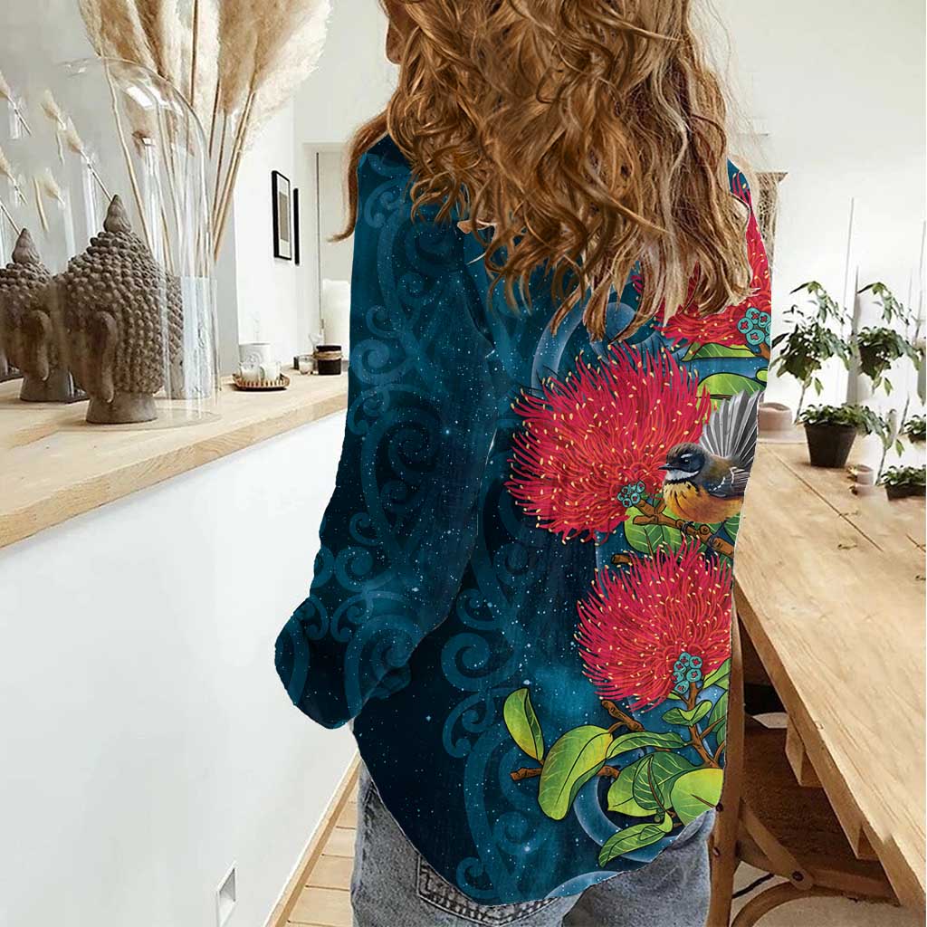 New Zealand Matariki Piwakawaka Women Casual Shirt Maori Koru With Pohutukawa Flowers