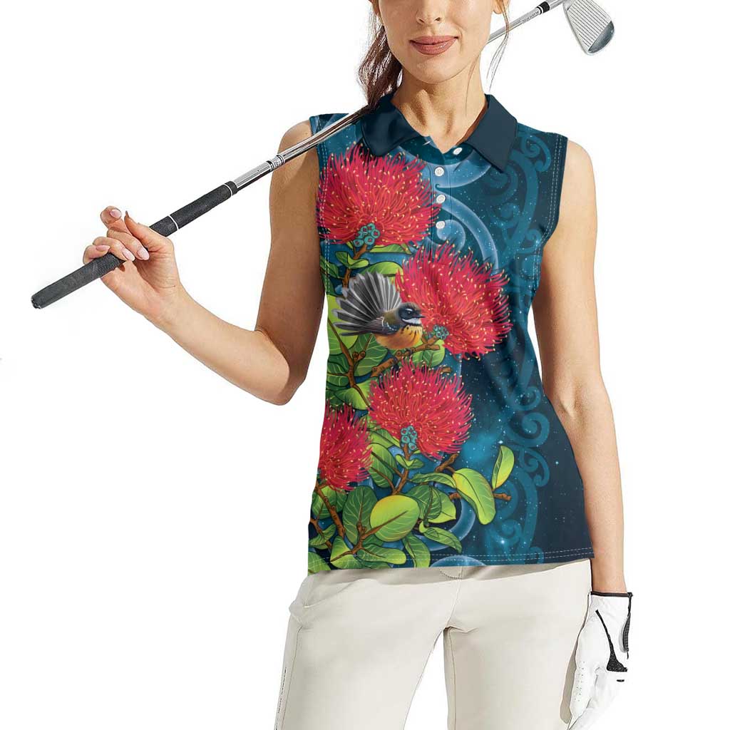New Zealand Matariki Piwakawaka Women Sleeveless Polo Shirt Maori Koru With Pohutukawa Flowers