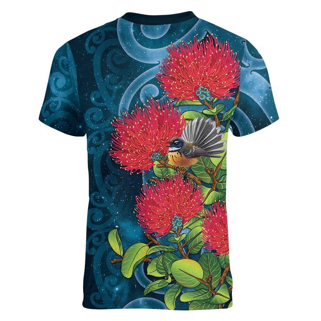 New Zealand Matariki Piwakawaka Women V-Neck T-Shirt Maori Koru With Pohutukawa Flowers