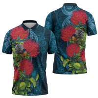 New Zealand Matariki Piwakawaka Zipper Polo Shirt Maori Koru With Pohutukawa Flowers