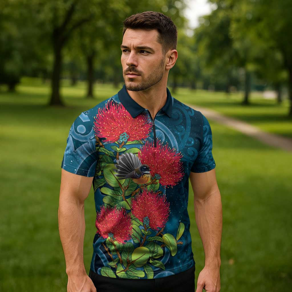 New Zealand Matariki Piwakawaka Zipper Polo Shirt Maori Koru With Pohutukawa Flowers