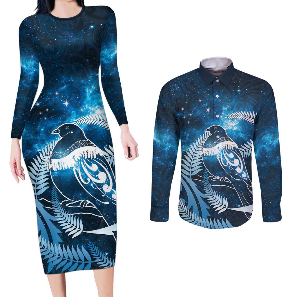 New Zealand Matariki Couples Matching Long Sleeve Bodycon Dress and Long Sleeve Button Shirt Pigeon Kereru Maori Fern Art