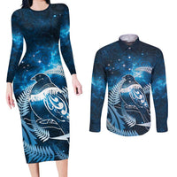 New Zealand Matariki Couples Matching Long Sleeve Bodycon Dress and Long Sleeve Button Shirt Pigeon Kereru Maori Fern Art