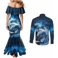 New Zealand Matariki Couples Matching Mermaid Dress and Long Sleeve Button Shirt Pigeon Kereru Maori Fern Art