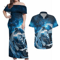 New Zealand Matariki Couples Matching Off Shoulder Maxi Dress and Hawaiian Shirt Pigeon Kereru Maori Fern Art