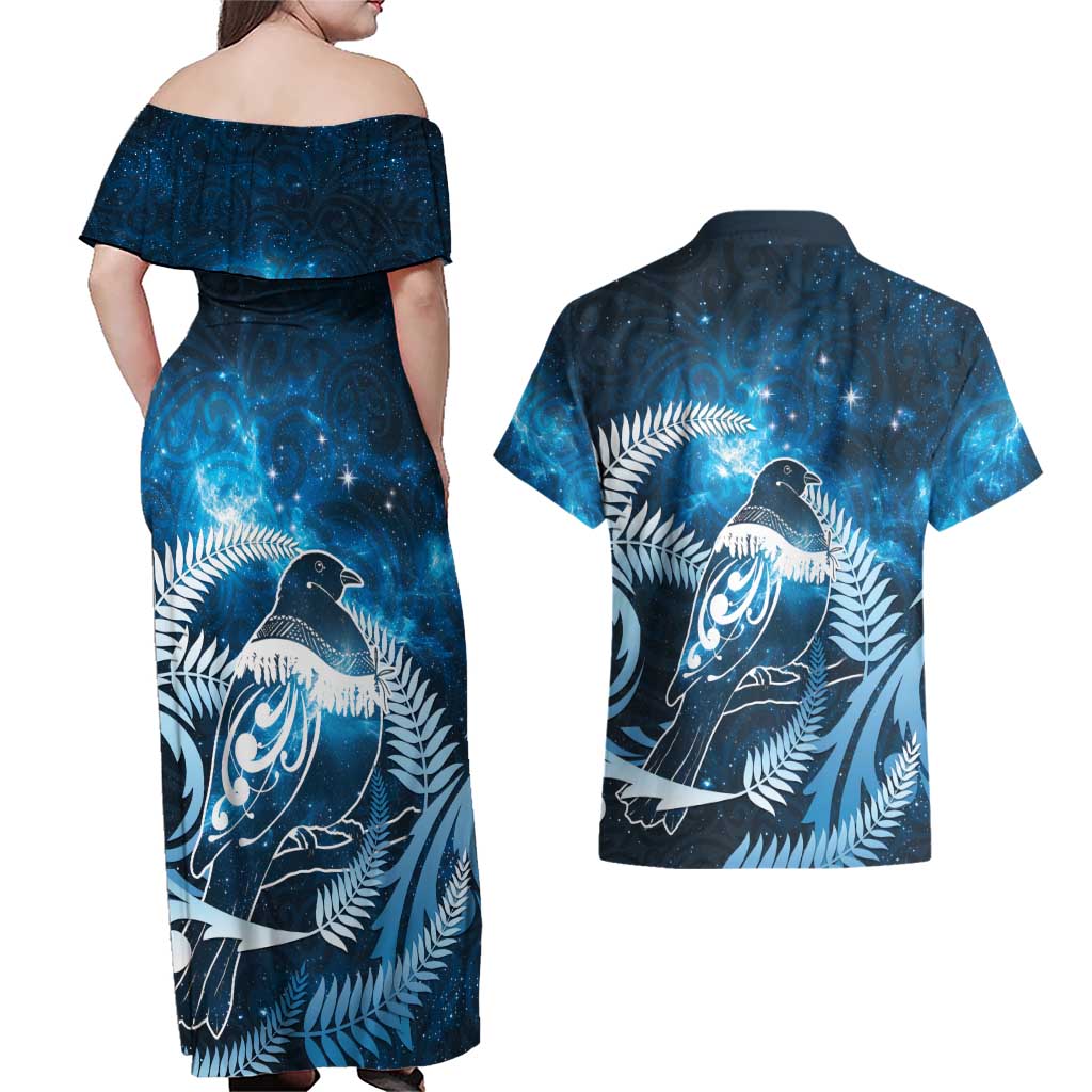 New Zealand Matariki Couples Matching Off Shoulder Maxi Dress and Hawaiian Shirt Pigeon Kereru Maori Fern Art