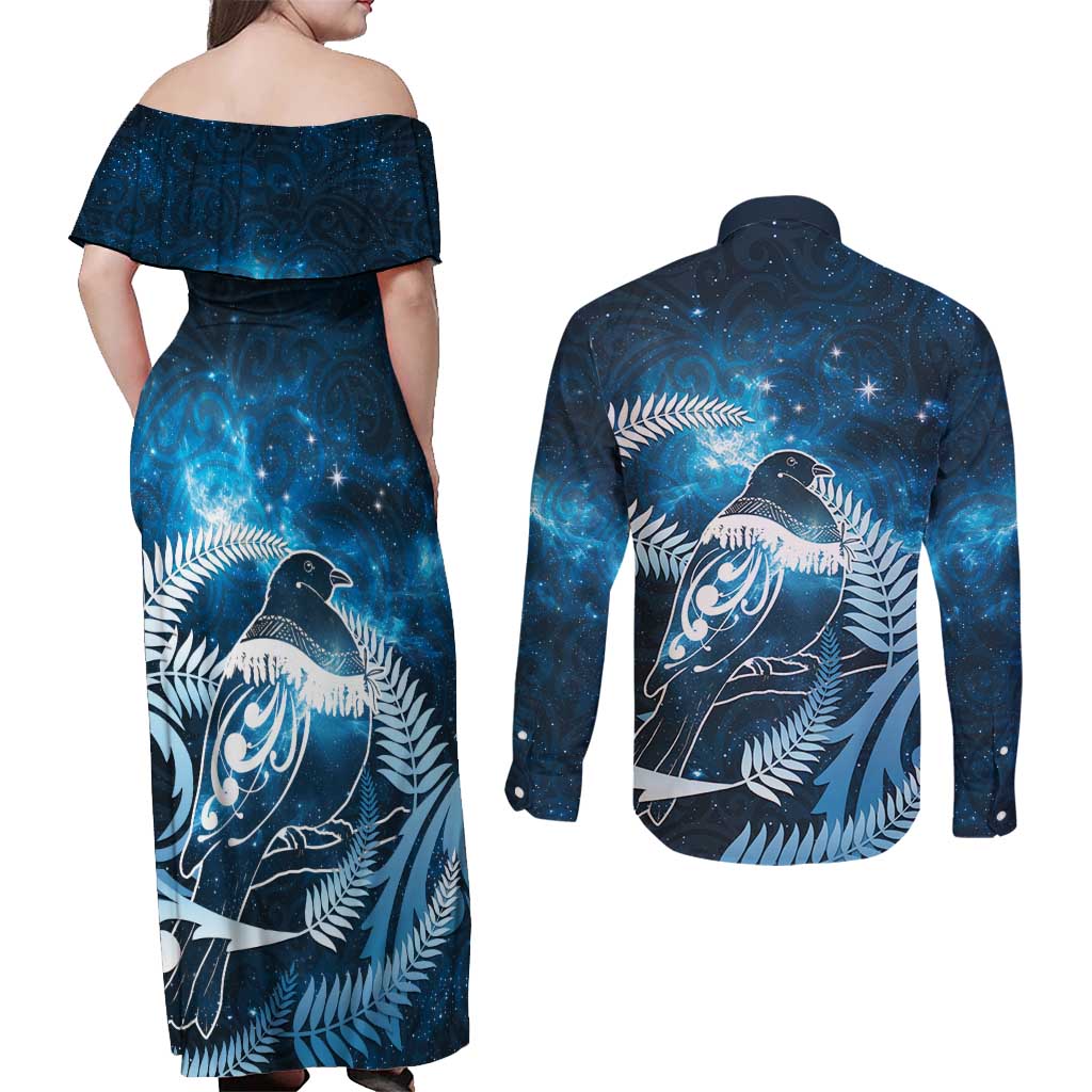 New Zealand Matariki Couples Matching Off Shoulder Maxi Dress and Long Sleeve Button Shirt Pigeon Kereru Maori Fern Art