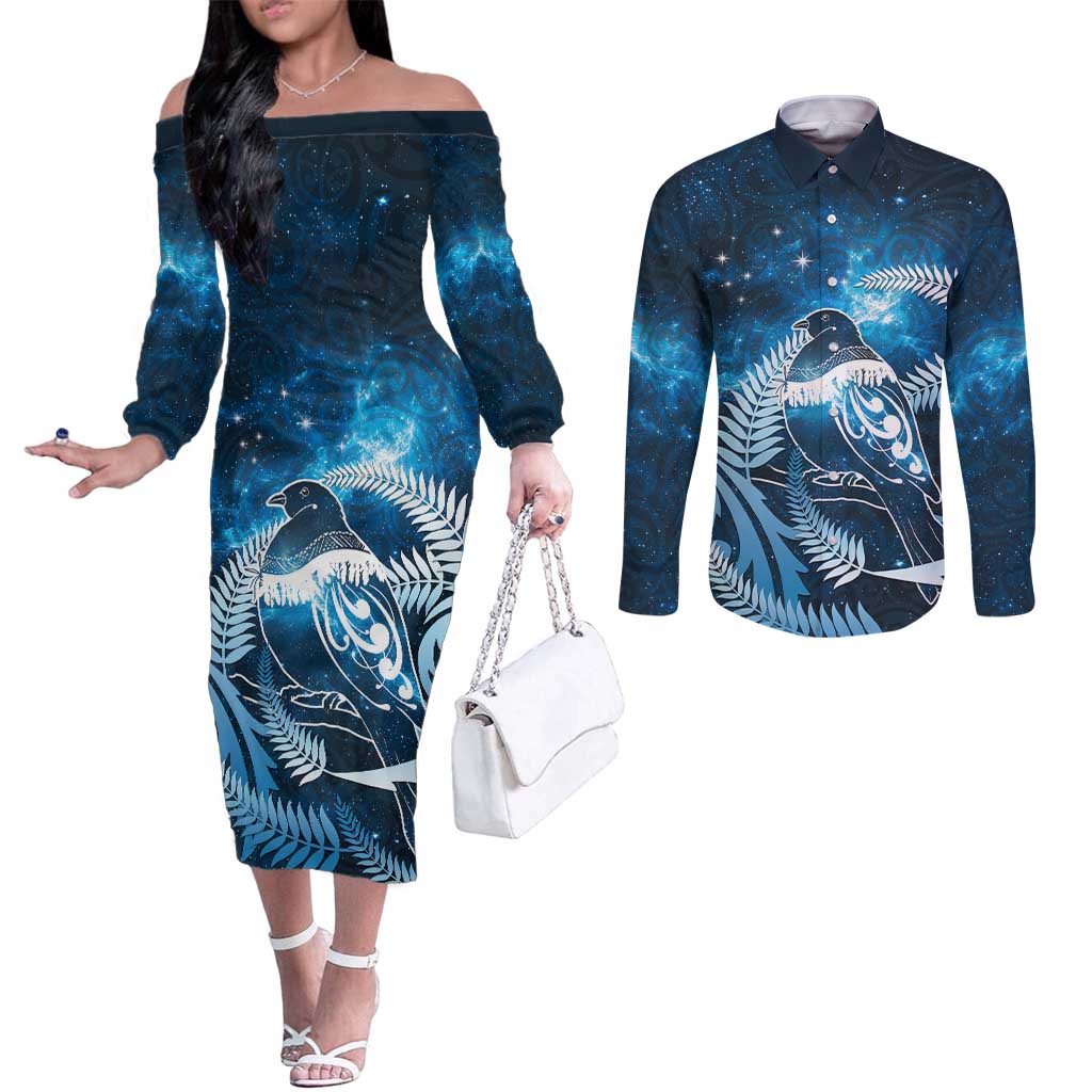 New Zealand Matariki Couples Matching Off The Shoulder Long Sleeve Dress and Long Sleeve Button Shirt Pigeon Kereru Maori Fern Art