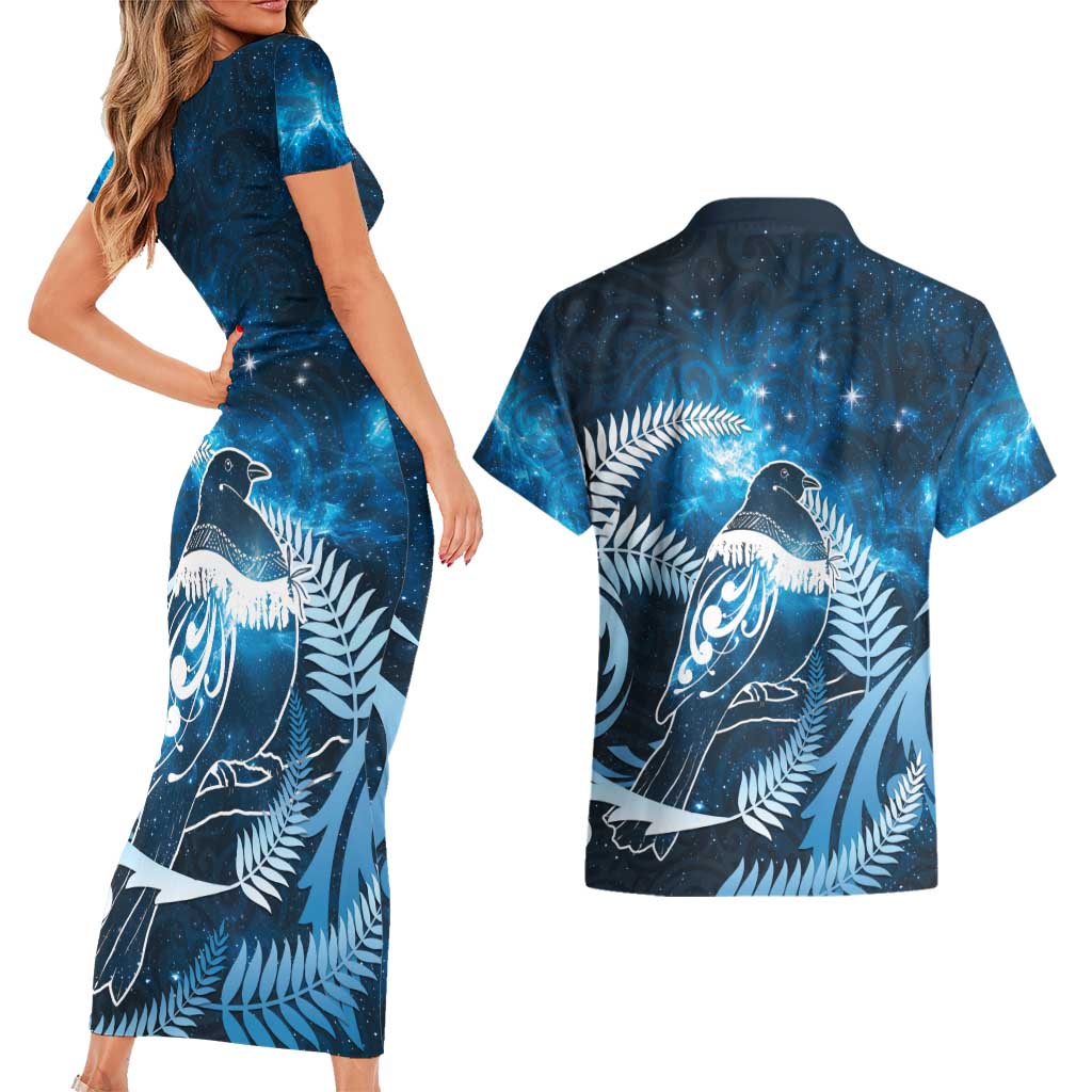 New Zealand Matariki Couples Matching Short Sleeve Bodycon Dress and Hawaiian Shirt Pigeon Kereru Maori Fern Art